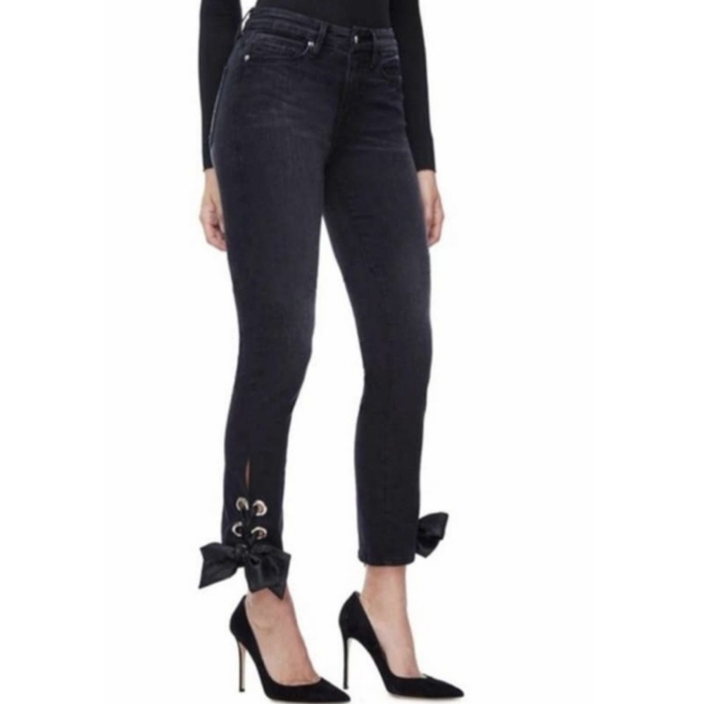 Good American Jeans Straight Leg Ankle Lace Up Ribbon Grommet Black Size 22